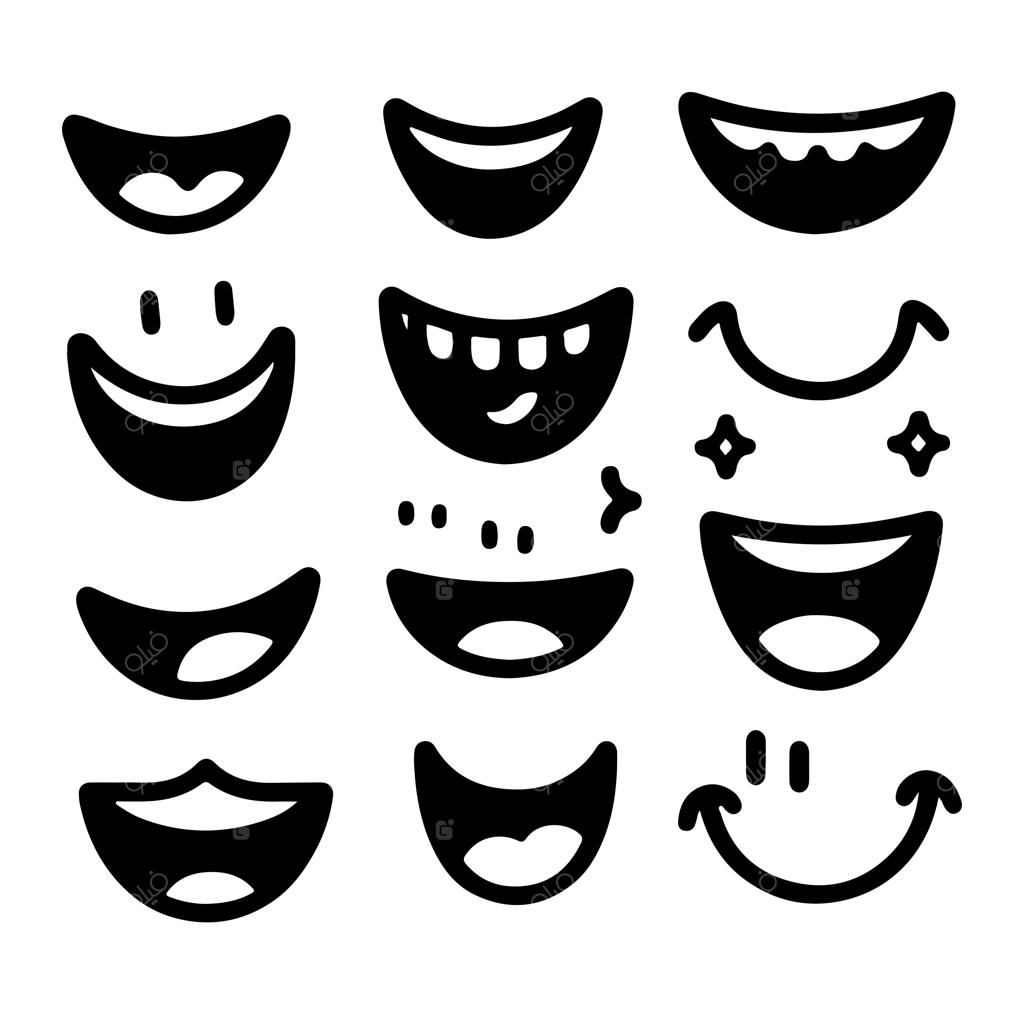 مجموعه‌ای از حالت‌های صورت کارتونی بامزه با لبخند به سبک رترو