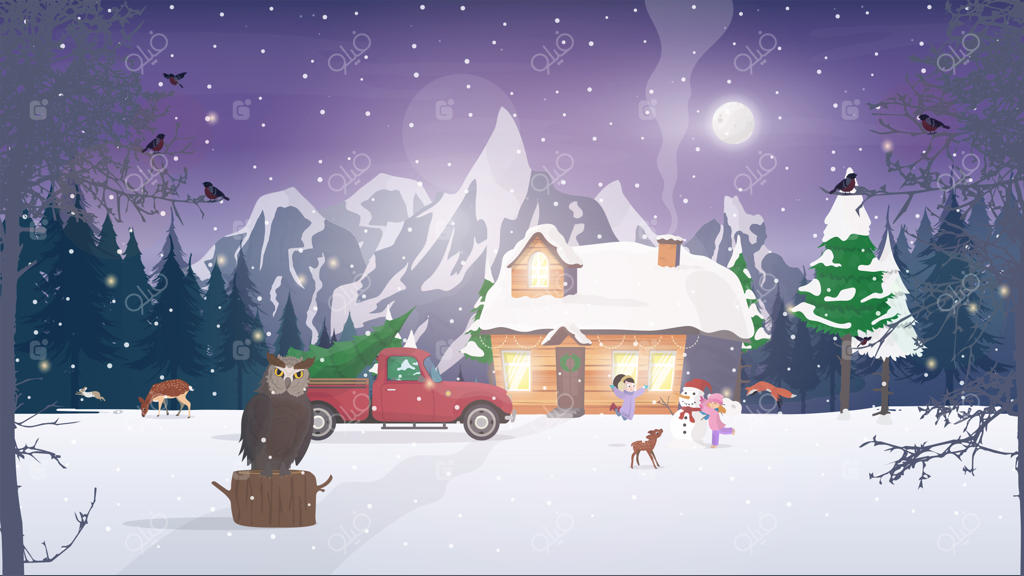 شب در جنگل: خانه‌ای در جنگل برفی کاج‌ها. شب، جنگل، درختان، کلبه، جغد، گوزن.