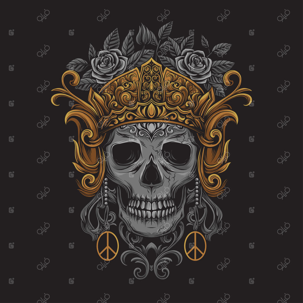 جمجمه‌ای با تاج و نقوش حکاکی جاوه‌ای