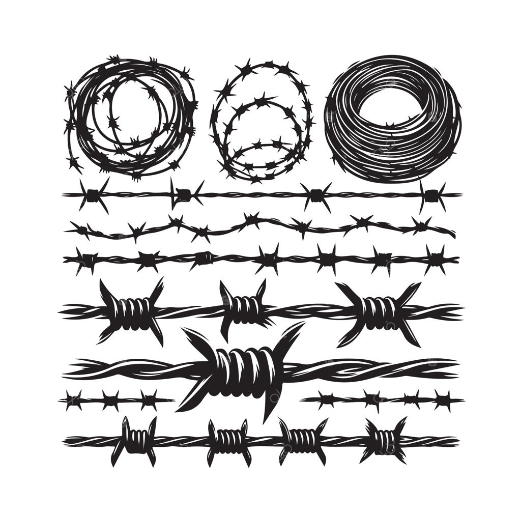 سیم خاردار مجموعه‌ای از پس‌زمینه سفید جدا شده. سیم تیغ‌دار در سبک هندسی مینیمال. مجموعه‌ای از فنس‌های زندان خشن. تصویرسازی قابل استفاده در طراحی وب.
