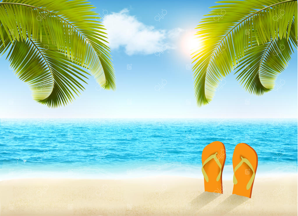 پس زمینه‌ی تعطیلات: ساحل با درختان نخل و دریای آبی.