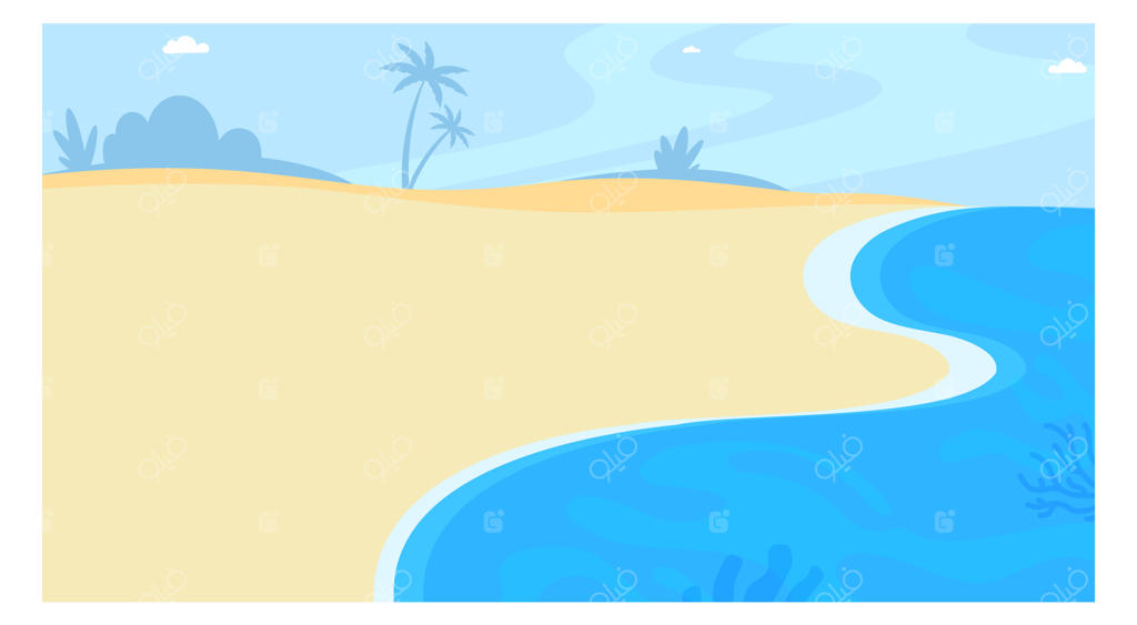 پس‌زمینه ساحلی شنی و منظره‌ای از اقیانوس گرمسیری و ساحل