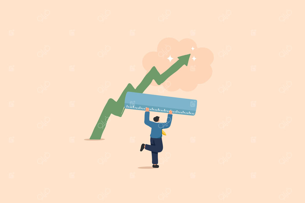 اندازه‌گیری رشد و سودآوری کسب‌وکار: تصویری از یک تاجر که یک خط‌کش بزرگ در دست دارد و نمودار فلش سبزی در جلوی او رشد را نمادین می‌کند.