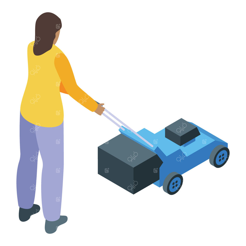 باغبان زن در حال حرکت چمن‌زن مدرن با جمع‌کننده چمن