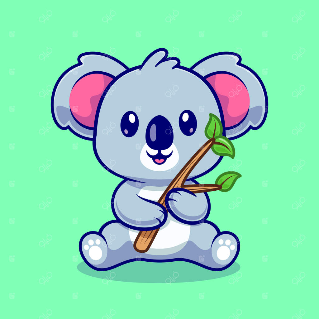 تصویر کارتونی آیکون وکتور کوآلا بامزه در حال نگه‌داشتن شاخه. مفهوم آیکون حیوانات و طبیعت به صورت تخت و مجزا