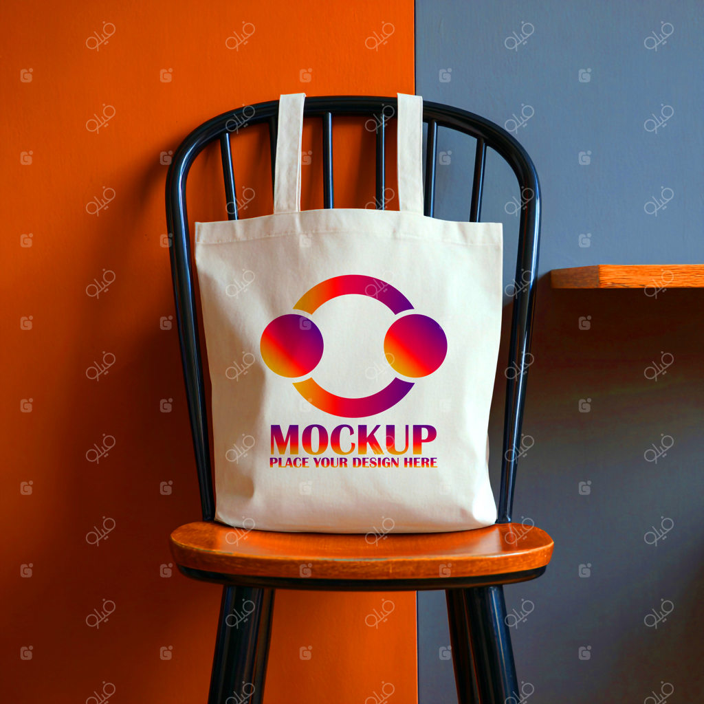 موکاپ ساک دستی پارچه‌ای بژ و ساده روی صندلی چوبی با پس‌زمینه دیوار نارنجی و خاکستری