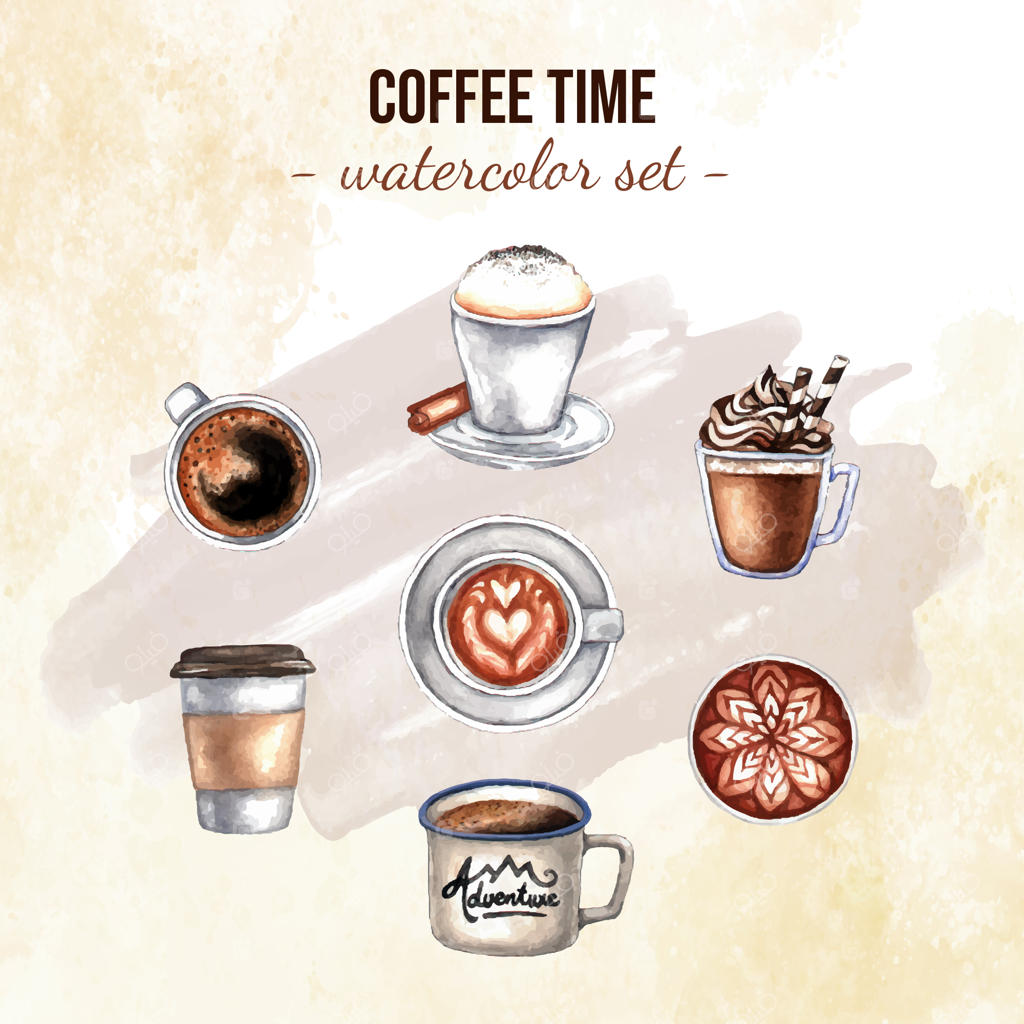 مجموعه‌ای از طرح‌های آبرنگی قهوه دست‌ساز