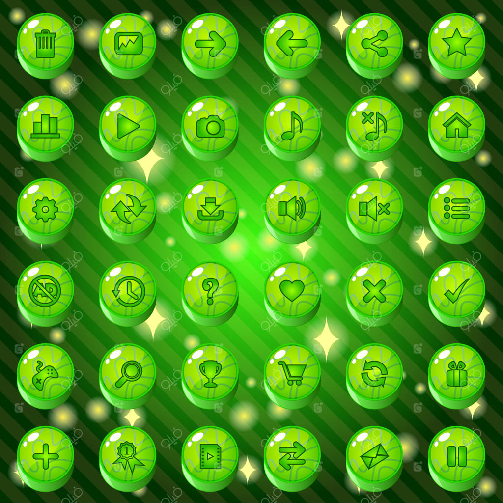 طراحی دکمه‌ها و آیکون‌ها برای بازی یا تم وب با رنگ سبز.