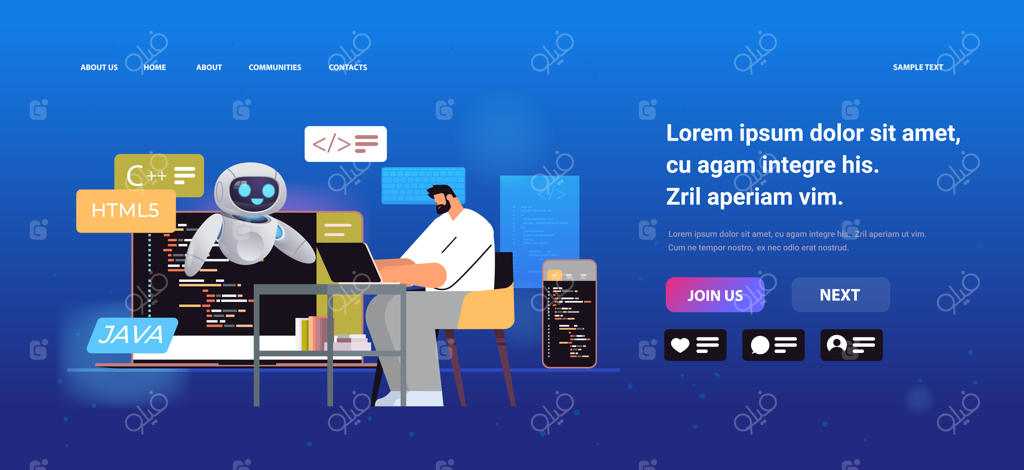 مرد و ربات توسعه‌دهنده وب در حال کدنویسی روی صفحه لپ‌تاپ؛ مفهوم توسعه نرم‌افزار، برنامه‌نویسی و هوش مصنوعی - تصویر وکتور افقی با فضای خالی