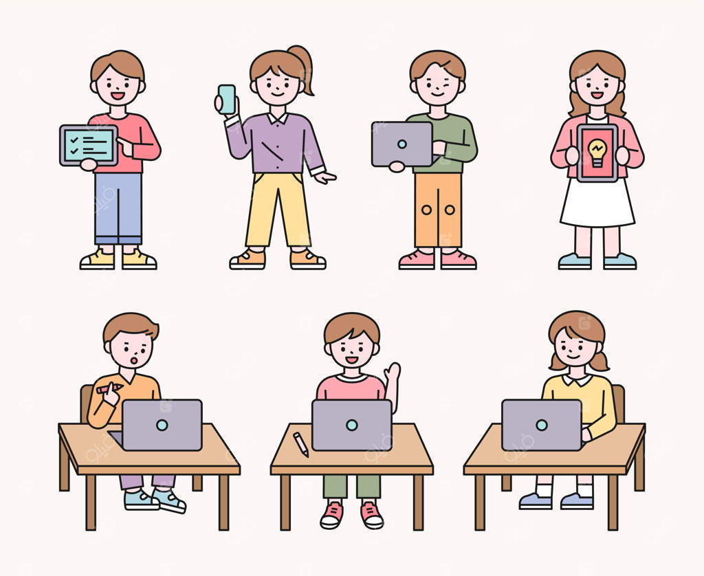 دانش‌آموزان بامزه در کلاس نشسته‌اند و درس‌های آنلاین را با لپ‌تاپ آموزش می‌دهند