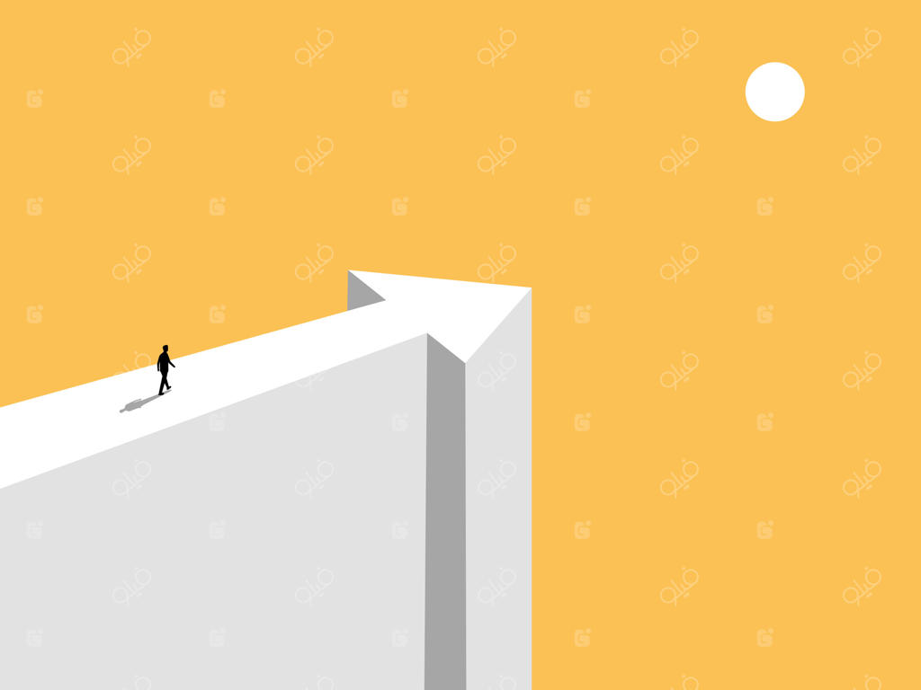 موفقیت: تاجر در حال قدم زدن بر لبه صخره، پیکان‌ها به سوی مسیر جدیدی اشاره می‌کنند