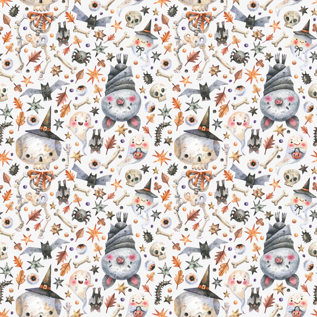 الگوی یکپارچه هالووین با اسکلت‌ها، جمجمه‌ها و خفاش‌ها به سبک کارتونی.