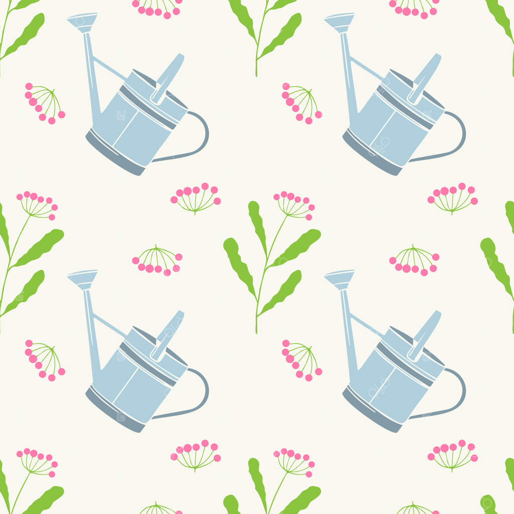 حس بهار: الگو با آبپاش باغ و تمشک صورتی، شاخه‌های سبز. کار در باغ و باغچه در بهار، کاشت و آبیاری.