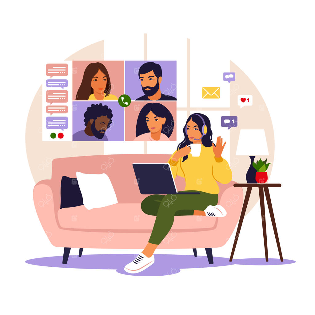 ویدیو کنفرانس؛ صحبت با همکاران یا دوستان در صفحه نمایش کامپیوتر و فضای جلسه آنلاین