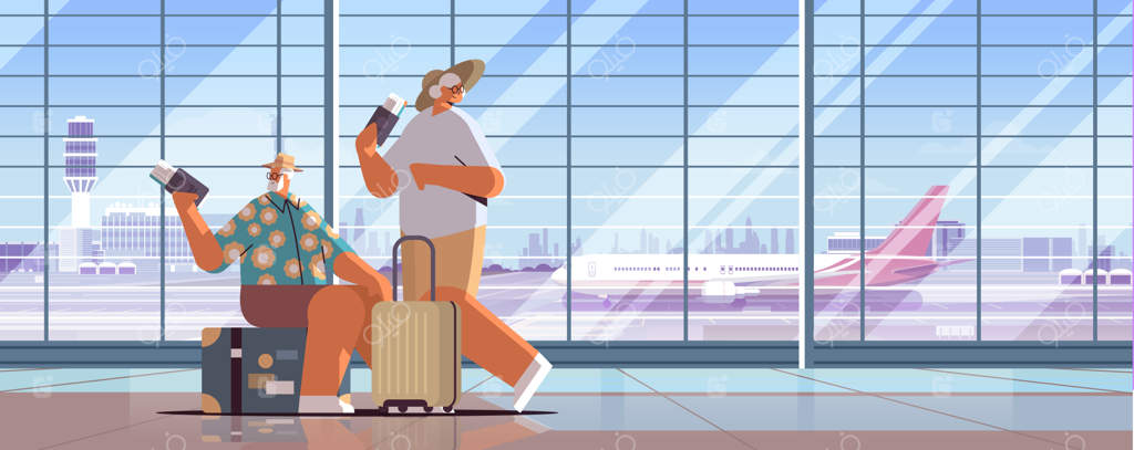 زوج سالخورده توریست با چمدان و گذرنامه آماده برای سوار شدن به هواپیما در فرودگاه