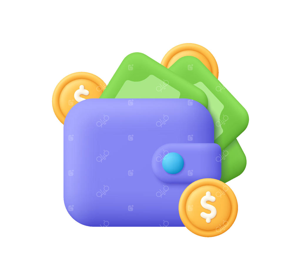 کیف پول بنفش با اسکناس‌های سبز و سکه‌های طلایی با علامت دلار. مفاهیم مالی، سرمایه‌گذاری، بودجه، پس‌انداز و پرداخت دیجیتال. آیکون سه‌بعدی به سبک کارتونی.