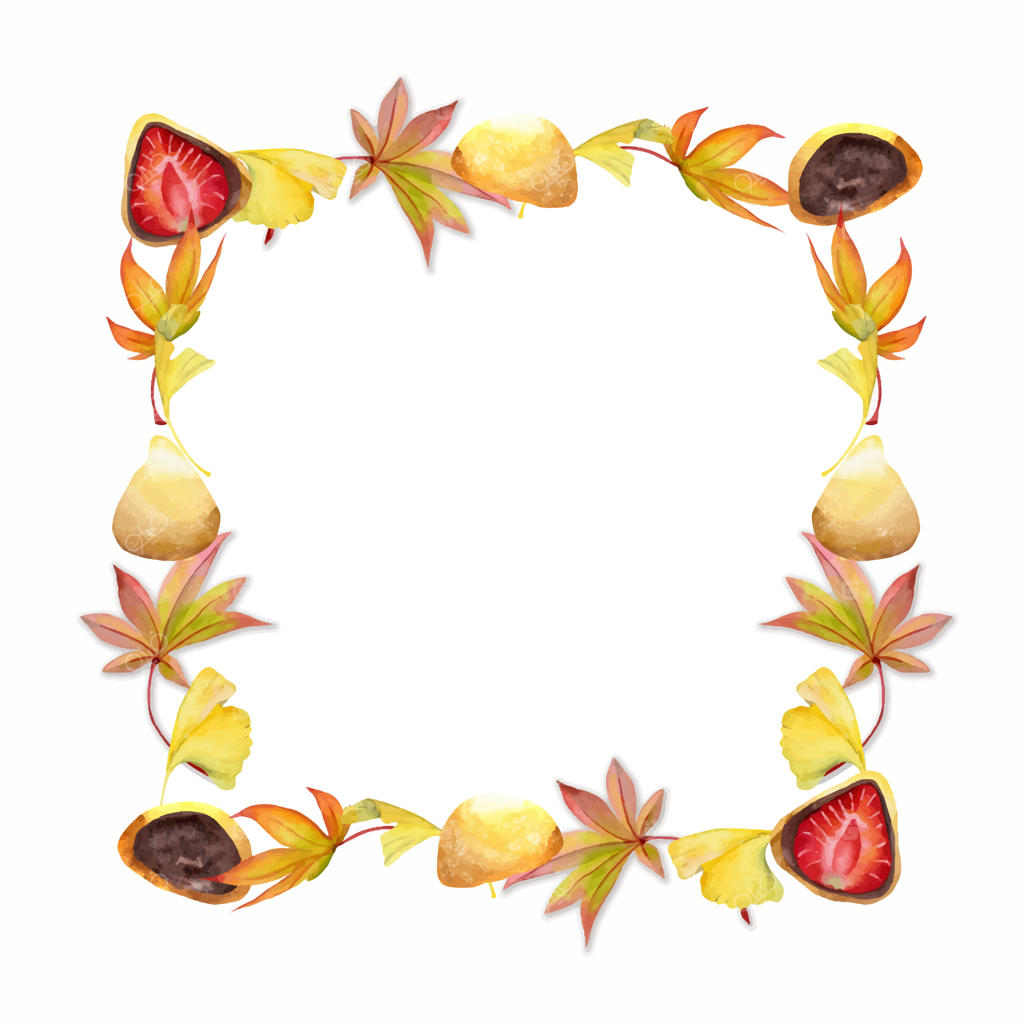 قاب مربعی نقاشی شده با آبرنگ: شیرینی های سنتی ژاپنی پاییزی با برگ‌ها - طراحی شده برای دعوت‌نامه‌ها، منوی رستوران، کارت‌های تبریک و چاپ روی پارچه