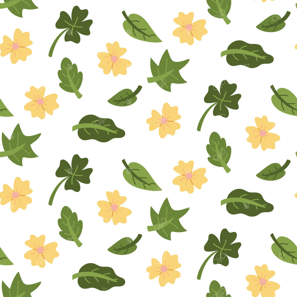 پترن گل‌ها و برگ‌های مختلف باغ. تصویر رنگی تخت با بافت. سرسبزی در باغ. مناسب برای تزیین پروژه‌های کودکان، طبیعت و چاپ. یکپارچه و جدا شده بر روی پس‌زمینه سفید.