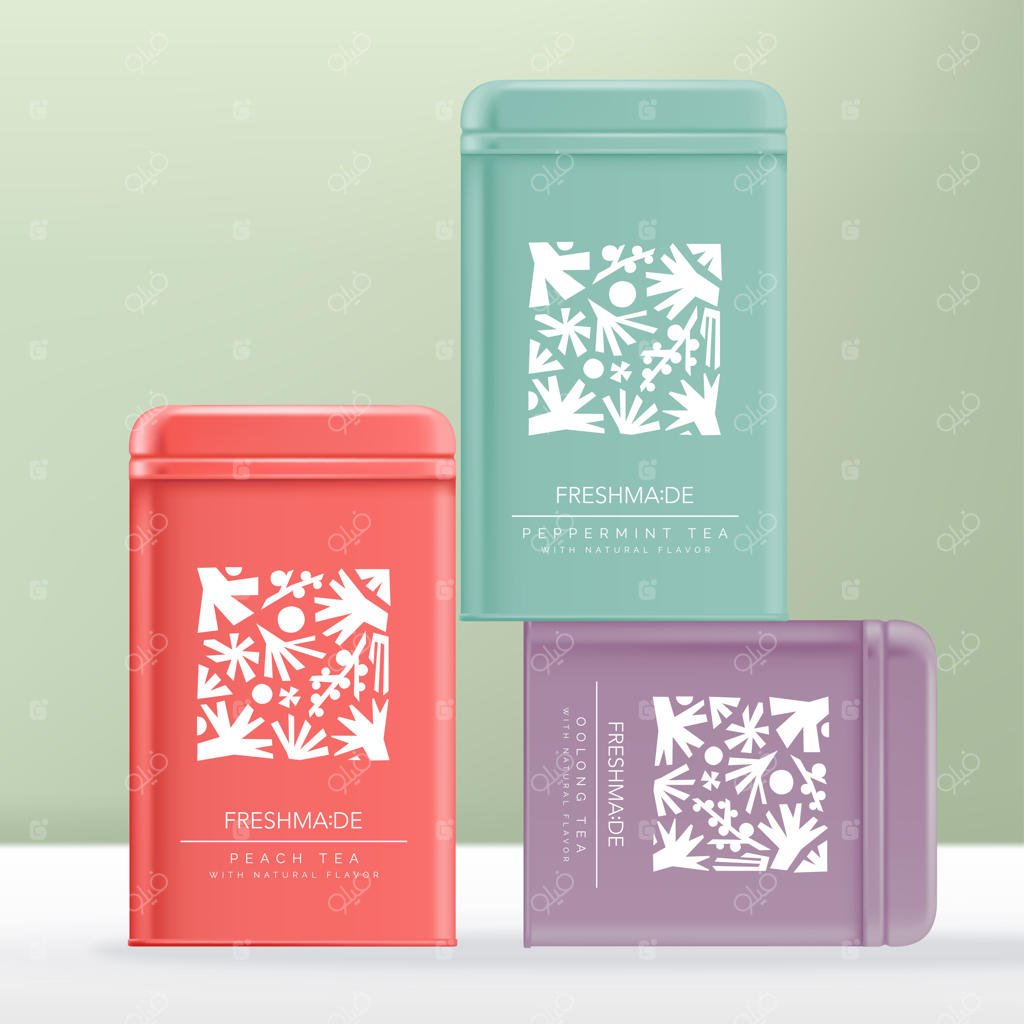بسته‌بندی چای در قوطی فلزی با رنگ‌های صورتی، بنفش و نعناعی با طرح‌های انتزاعی