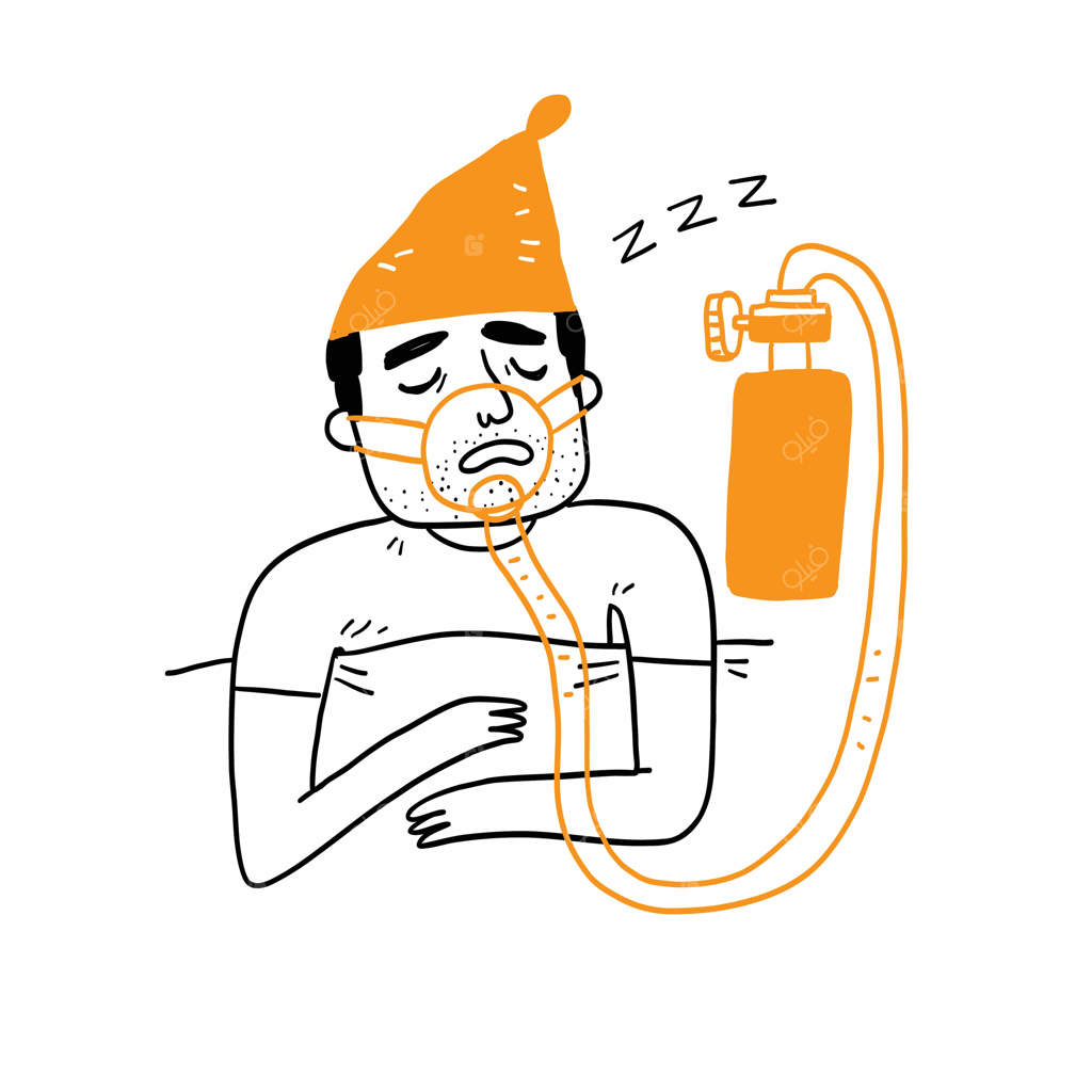 مرد جوان با ماسک سی‌پپ در حال خواب و خروپف: درمان آپنه انسدادی خواب و تست خواب، خواب آرام با دستگاه درمانی سی‌پپ برای اختلالات خواب (طرح نقاشی شده)