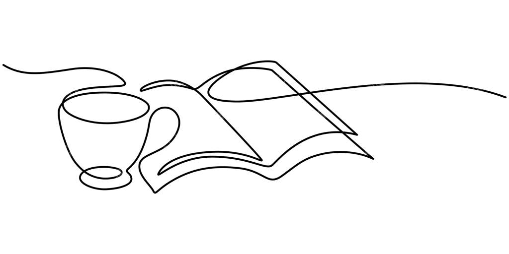 طرح پیوسته با یک خط: کتاب‌های روی هم، کتاب باز و فنجان قهوه روی میز کار