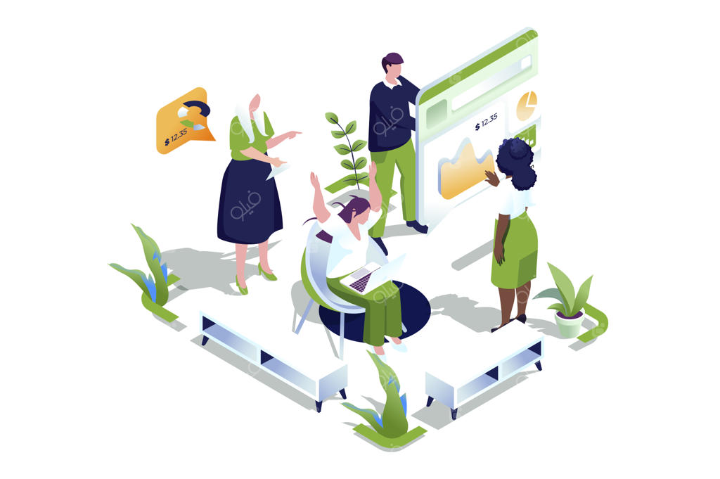 مفهوم وب گروه متمرکز در طراحی ایزومتریک سه‌بعدی: مردم در حال تحقیق مصرف‌کننده و تحلیل داده‌ها در بازار - کار با بازخورد مشتریان، جلسه و طوفان فکری در دفتر کار - تصویرسازی وکتور وب