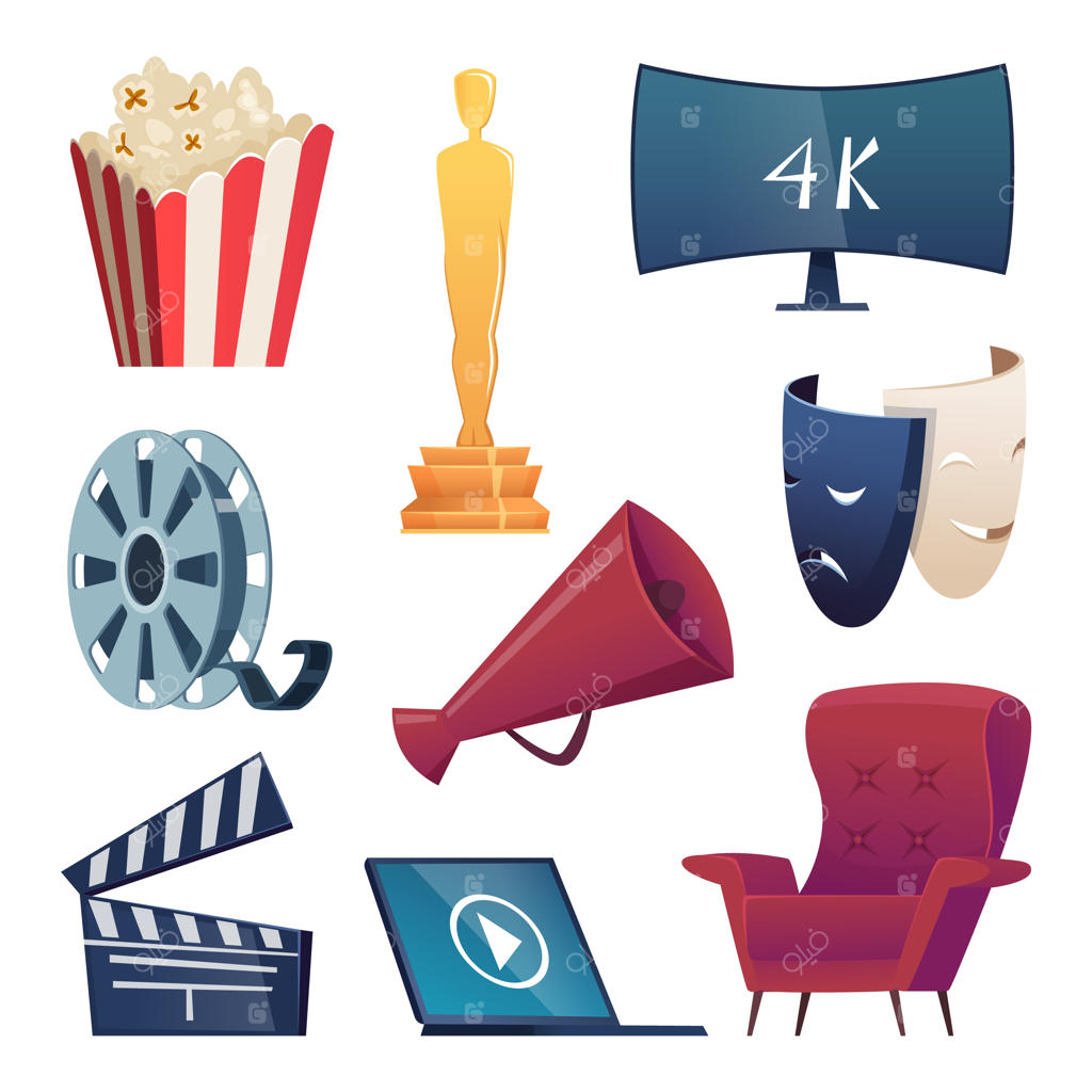 نمادهای سینما: سمبل‌های سرگرمی و طنز مثل عینک سه‌بعدی، تنقلات، دوربین، پاپ‌کورن، بلندگو، ماسک‌های کمدی، و تخته کارگردانی