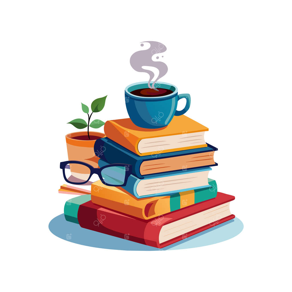 یک دسته کتاب با یک فنجان قهوه و گلدان روی آن‌ها