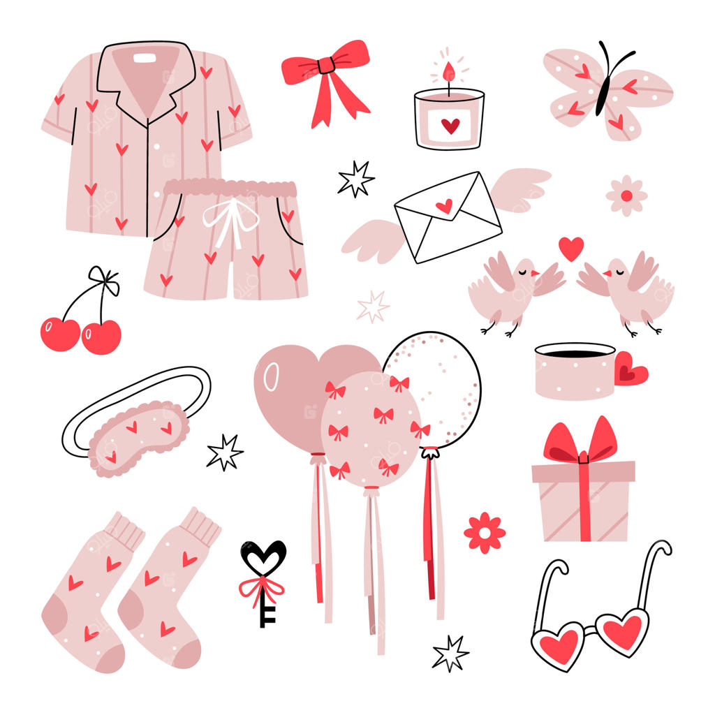ست ولنتاین: لباس خواب زنانه زیبا، گیلاس‌ها، شمع، روبان، جوراب، پروانه، گل‌ها، ستاره‌ها، پرندگان، کبوترها، بادکنک‌ها، کلید، هدیه، عینک قلبی، ماسک خواب، فنجان.