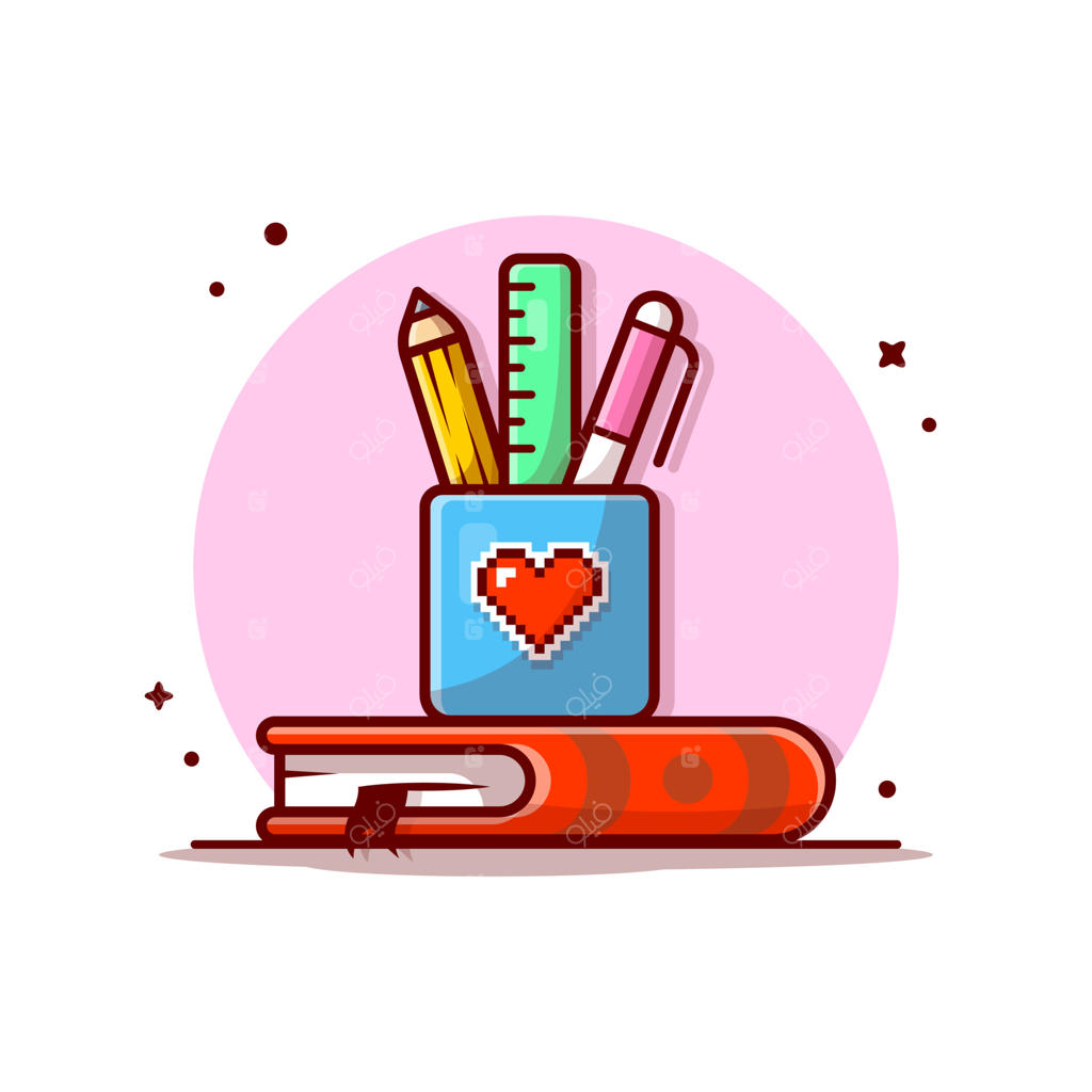 وکتور کارتونی لوازم‌التحریر شامل خط‌کش، مداد، خودکار و کتاب. آیکون مفهومی آموزشی، وکتور ویژه و ایزوله. سبک کارتونی تخت.