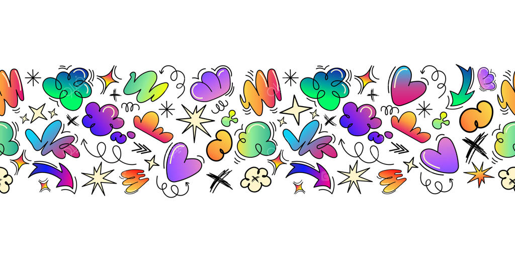 حاشیه پترن بی‌پایان دودل‌های رنگارنگ به سبک گرافیتی با طرح‌های انتزاعی، قلب‌ها و فلش‌ها. تصویرسازی برای چاپ پارچه، کاغذ دیواری، لوازم‌التحریر، بسته‌بندی، کادوپیچی و پس‌زمینه‌های دیجیتال