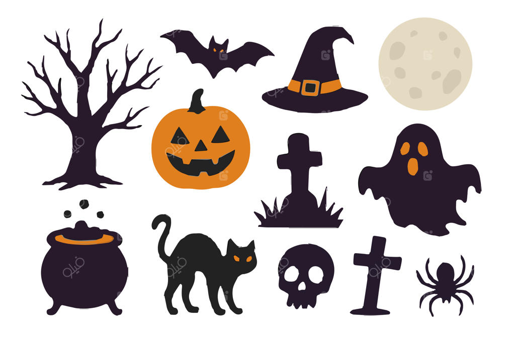 بسته المان‌های وکتور و دوبعدی هالووین؛ شامل آیکون‌های ترسناک کدو تنبل، روح، خفاش، گربه و کلاه جادوگر