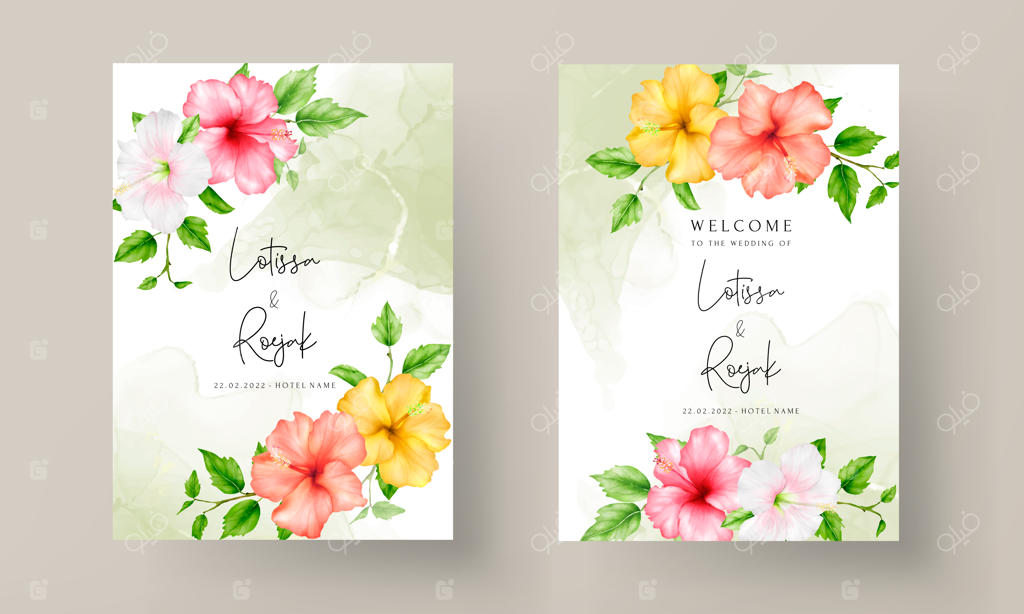 مجموعه کارت عروسی با طرح گل ختمی رنگارنگ آبرنگی زیبا