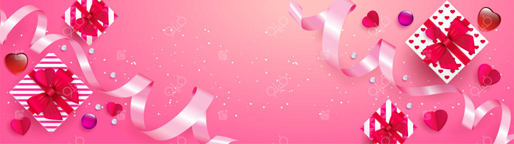 پوستر یا بنر با روبان صورتی زیبا و قلب‌های واقعی
