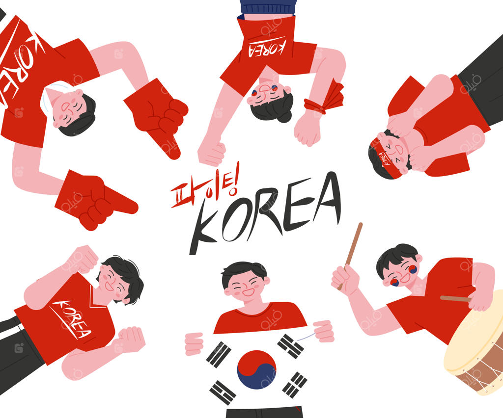 تشویق‌کنندگان فوتبال با تی‌شرت‌های قرمز در یک دایره جمع شده‌اند و ابزارهای تشویق و پرچم‌های ملی در دست دارند