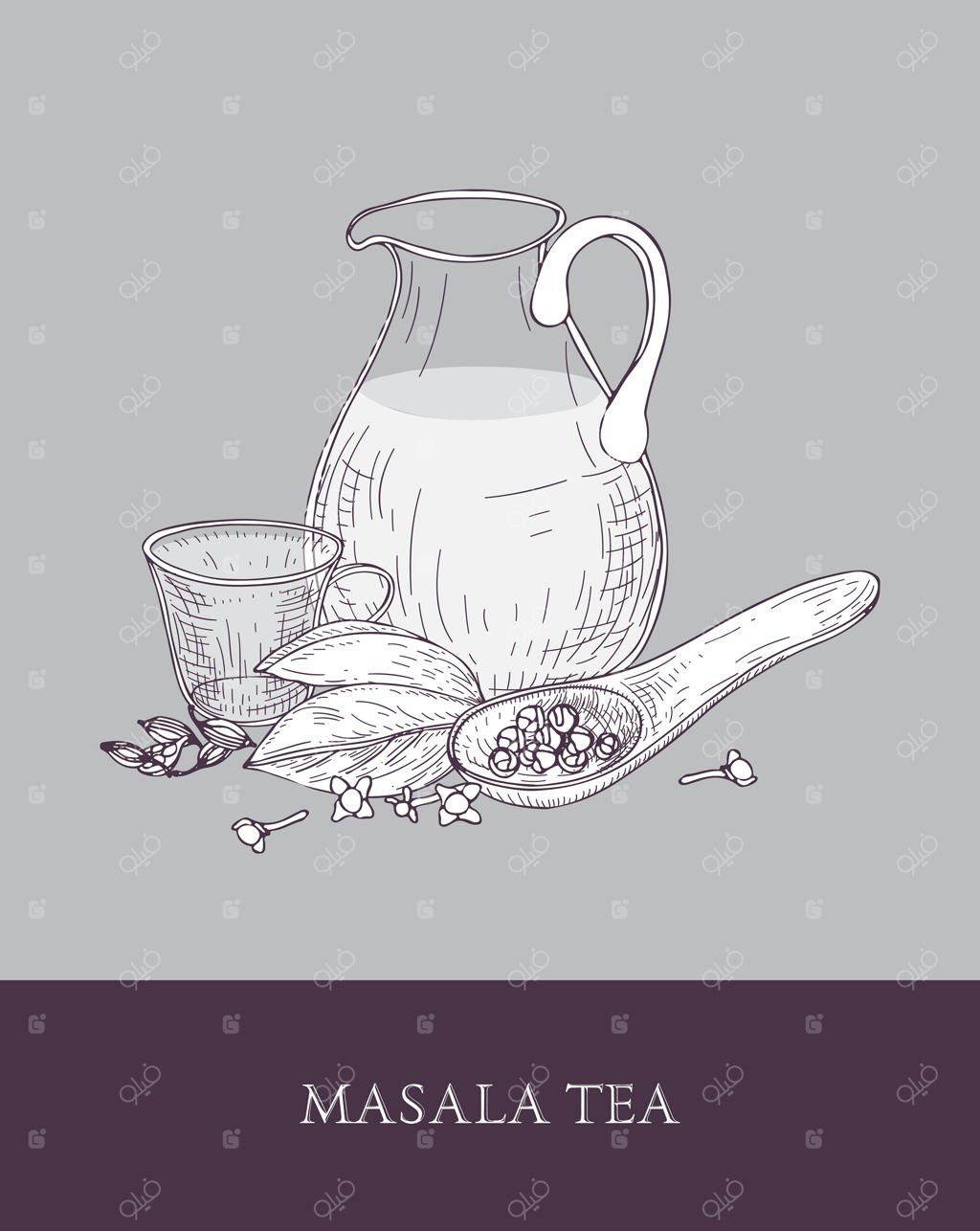 پارچ شیشه‌ای، فنجان چای ماسالا، قاشق و ادویه‌های هندی روی زمینه‌ی طوسی