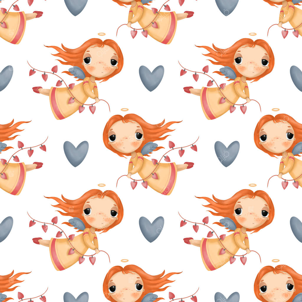 پترن یکپارچه با فرشته‌های کارتونی بامزه و قلب‌ها بر روی زمینه سفید