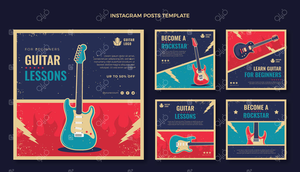 مجموعه پست‌های اینستاگرام آموزش گیتار وینتیج با طراحی صاف