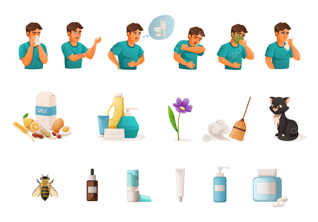 مجموعه کاریکاتور از علائم آلرژی، آلرژن‌ها و درمان‌ها در پس‌زمینه سفید وکتور نمایش داده شده است.