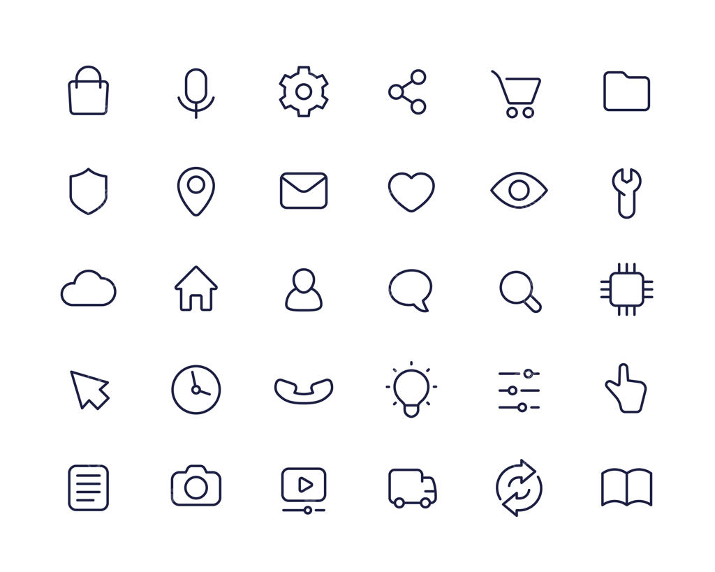 مجموعه وکتور آیکون‌های خطی با طراحی ساده برای رابط کاربری وب و اپلیکیشن در پس‌زمینه سفید