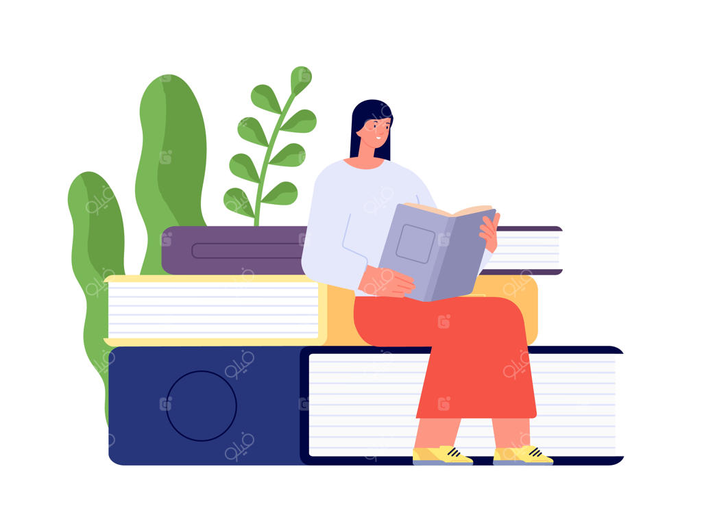 طرح وکتور مفهومی دختر دانشجو در حال مطالعه روی تلی از کتاب‌ها در کتابخانه‌ای دنج و انتزاعی