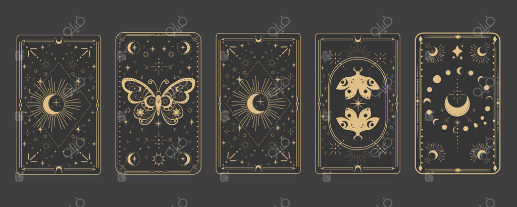جادوی مرزی معکوس تاروت: کارت مقدس با حاشیه‌ای از خطوط طلایی و زینت‌های اسرارآمیز، همراه با شب‌پره، ستارگان و ماه بر زمینه‌ای تیره.