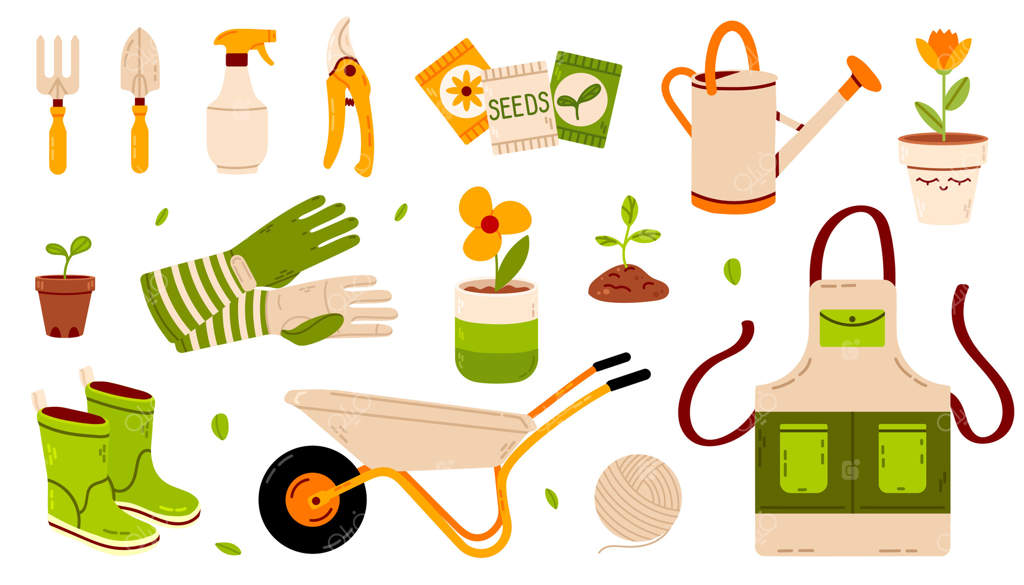 مجموعه‌ای از ابزار و تجهیزات باغبانی، شامل دستکش، آب‌پاش، فرغون، پیش‌بند، گلدان و بسته‌های بذر. ایده‌آل برای طراحی‌ها و پروژه‌های باغبانی