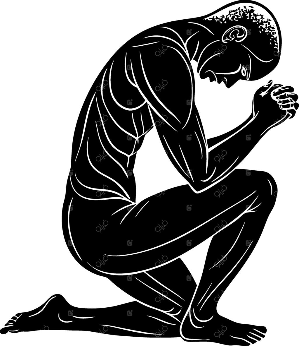 سیلوئت مرد زانوزده در حالت دعا و تفکر برای کاربردهای هنری