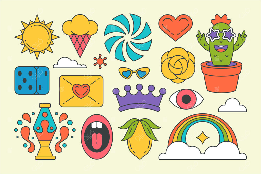 مجموعه عناصر گرافیکی رنگارنگ با طراحی هنری پاپ و استیکر کارتونی جذاب
