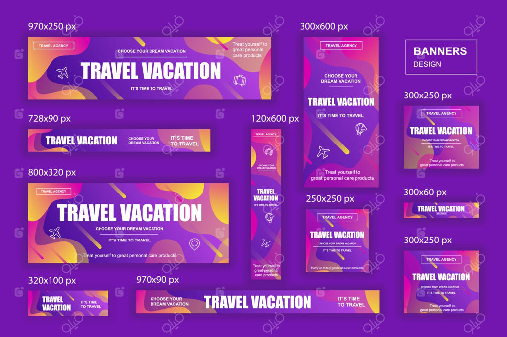 مجموعه بنرهای وب در اندازه‌های مختلف برای موبایل و شبکه‌های اجتماعی: تبلیغات خرید و بازاریابی.