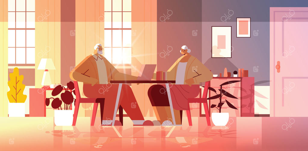 زوج سالمند با لپ‌تاپ: ارتباط آنلاین در شبکه‌های اجتماعی مفهوم آرامش در خانه