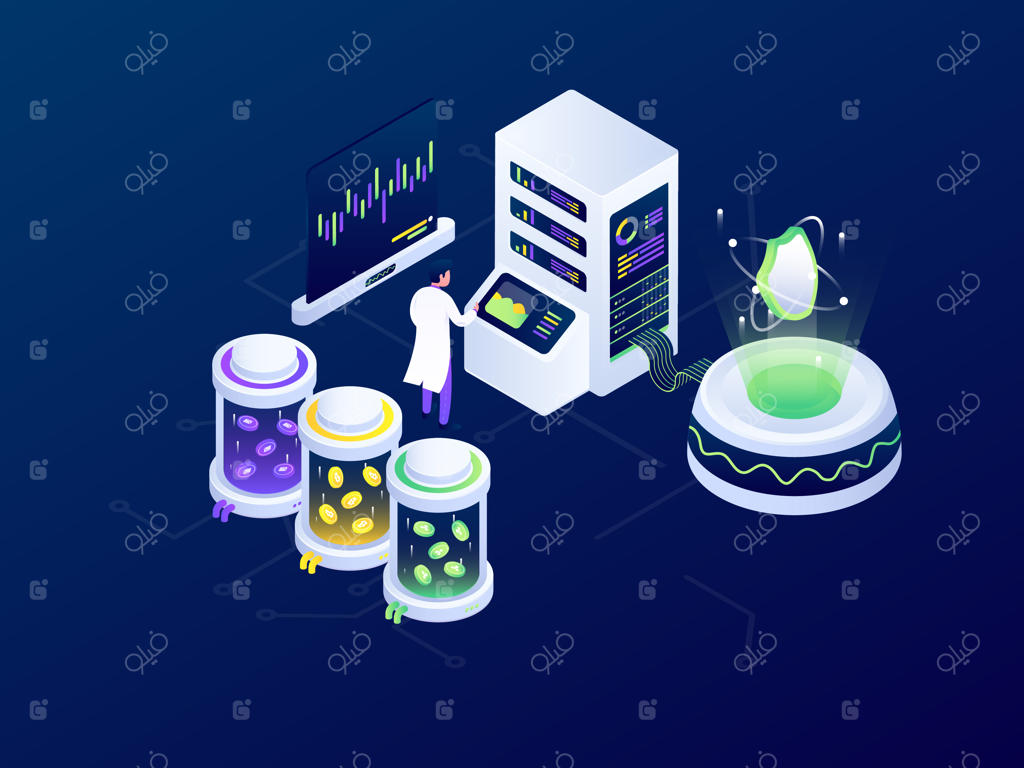 طراحی ایزومتریک وکتور آینده‌نگر برای استخراج بیت‌کوین در بلاکچین ارزهای دیجیتال