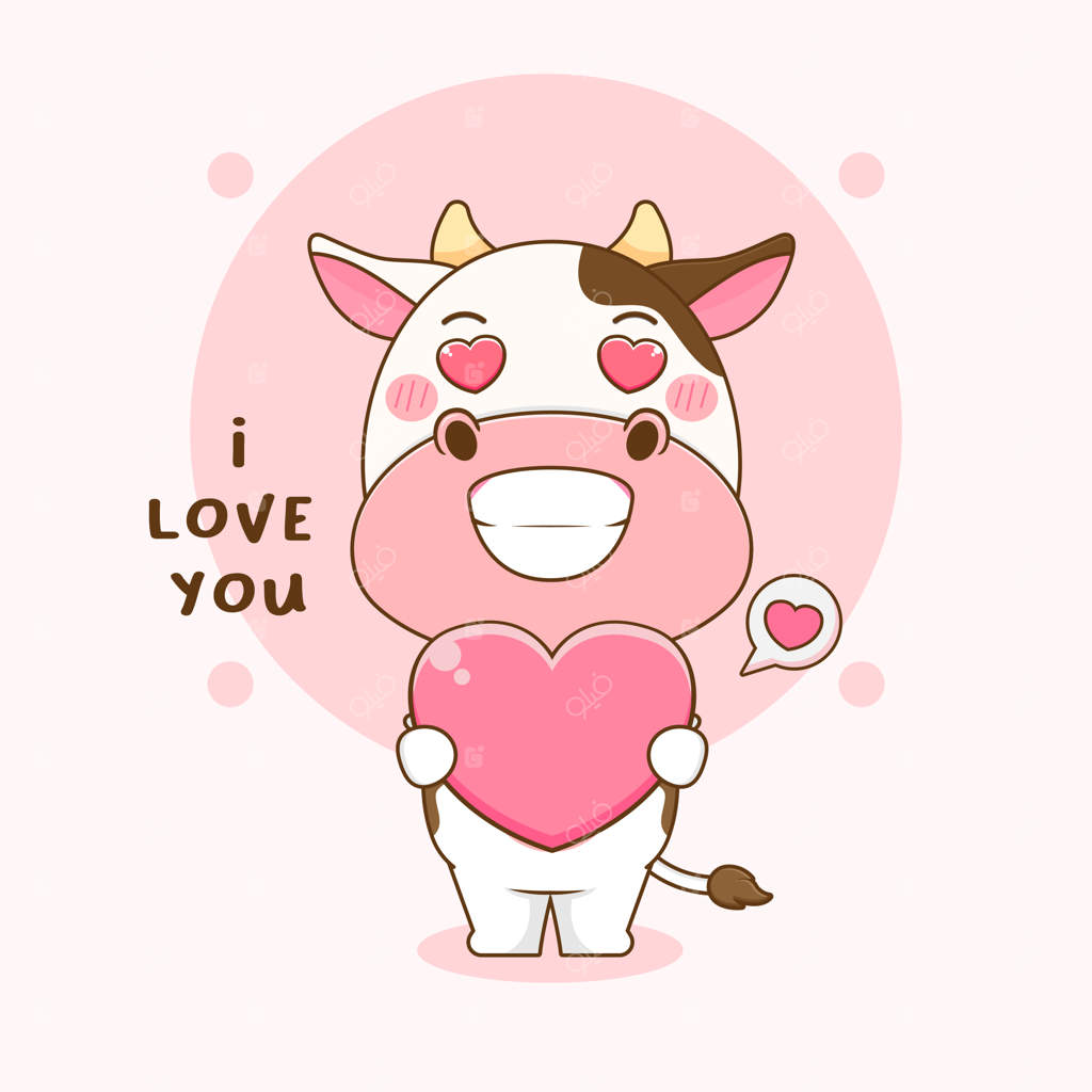 تصویر کارتونی شخصیت گاو بامزه در حال نگه‌داشتن قلب