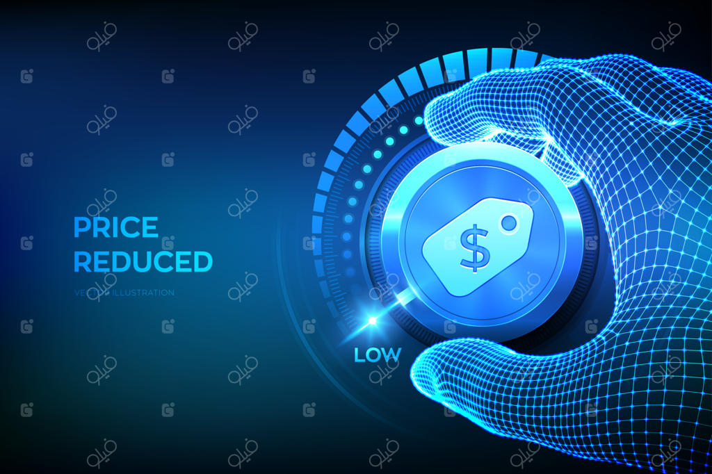 قیمت کاهش یافت. کاهش هزینه. دستی از جنس شبکه سیمی در حال چرخاندن دکمه‌ی سطح ریسک به پایین‌ترین حالت، همراه با آیکون تگ قیمت. مفهومی برای تبلیغ و ترویج کسب‌و‌کار. تصویر برداری.